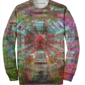 May include: A long-sleeved shirt with a psychedelic design featuring a colorful, geometric pattern and a central image of a red and blue tunnel.