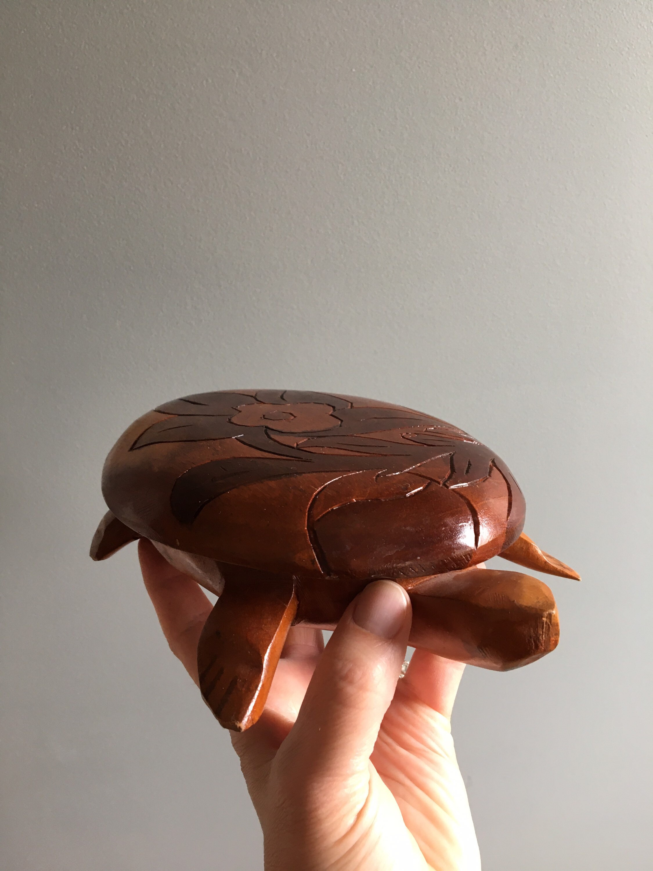 Vintage hand carved wood turtle trinket box Etsy