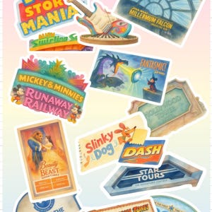 May include: A collection of colorful stickers featuring various theme park attractions including Toy Story Mania, Millennium Falcon, Mickey & Minnie's Runaway Railway, Fantasmic, Hollywood Tower Hotel, Beauty and the Beast, Slinky Dog, Star Tours, Rise of the Resistance, Indiana Jones, and Frozen.