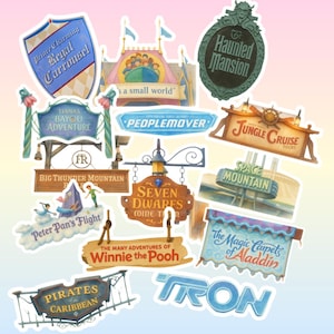 May include: A collection of die-cut stickers featuring various theme park attraction signs including Prince Charming Regal Carrousel, it's a small world, The Haunted Mansion, Tiana's Bayou Adventure, PeopleMover, Jungle Cruise, Big Thunder Mountain, Seven Dwarfs Mine Train, Space Mountain, Peter Pan's Flight, The Many Adventures of Winnie the Pooh, The Magic Carpets of Aladdin, Pirates of the Caribbean, and TRON.