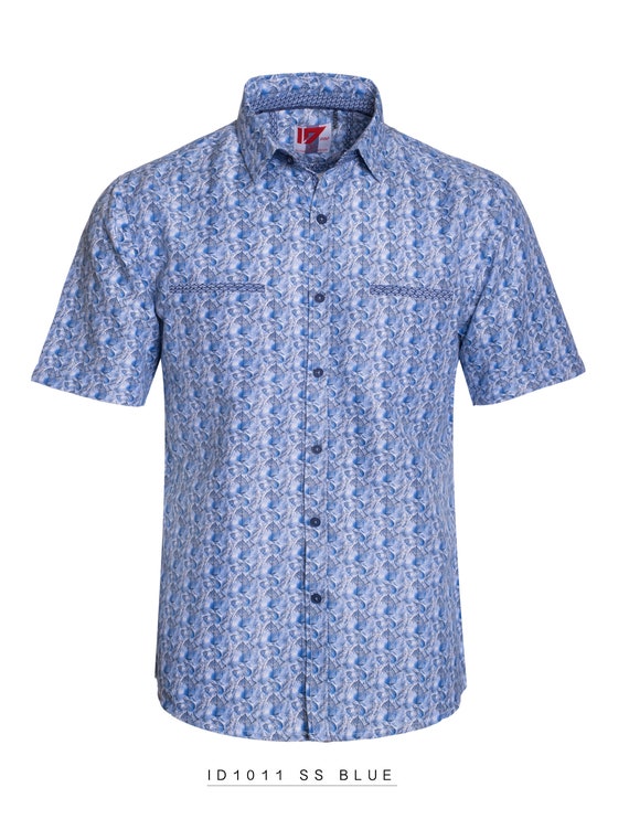 New Mens ID Slim Fit Short Sleeve Button Up Black Shirt Red Polka Dot Pockets