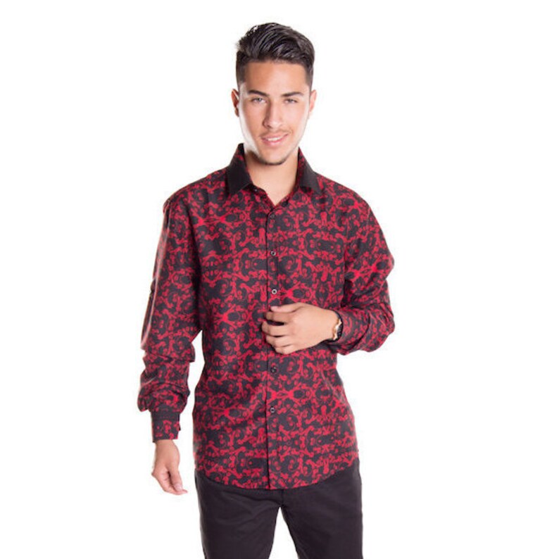 New Mens Caviar Dremes Long Sleeve Button Down Dress Shirt Striped Grey Red