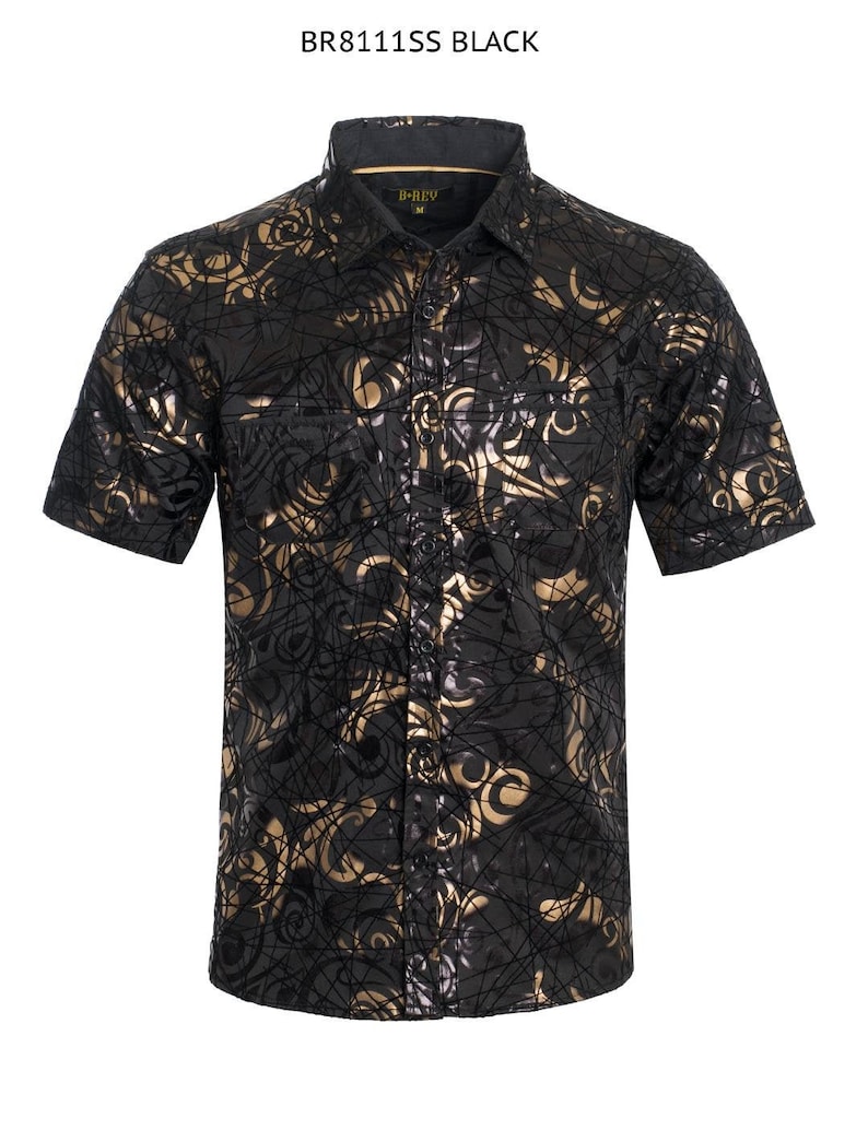 New Mens Short Sleeve Button Down Shirt Black With Gold and Etsy
