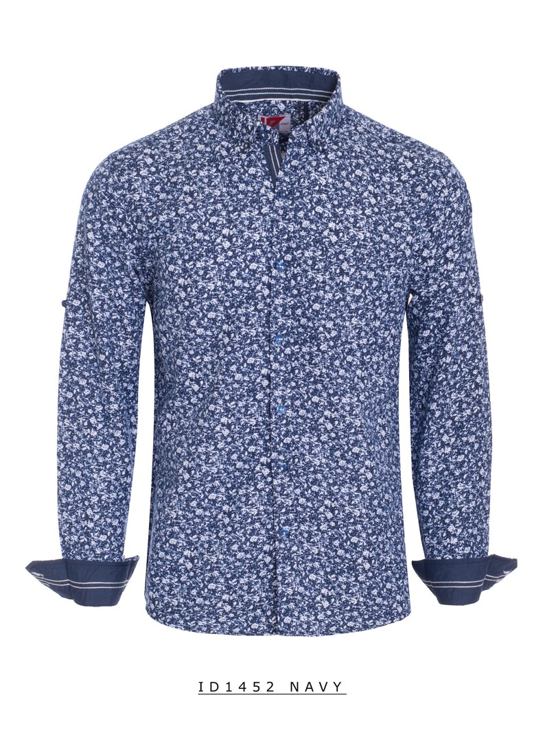 Dress Shirts New Mens Id Long Sleeve Button Down Dress Shirt Slim Fitted Navy Blue With White Floral Print Front Pocket Id 1452 Clothing