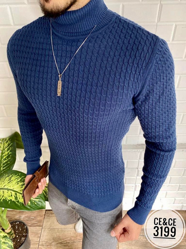 New Mens Long Sleeve Slim Fit Navy Blue Turtleneck Sweater | Etsy