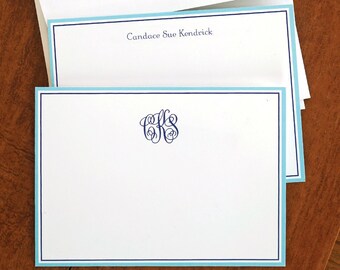 Double Blue Bordered Correspondence Cards / Set of 24 Monogrammed Cards / 9118