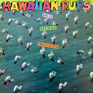 May include: A teal blue background with a group of people in white clothing performing synchronised dives. The text "The Hawaiian Pups" is at the top of the image in colourful letters. The text "Split Second Precision" is in a yellow rectangle at the bottom of the image.
