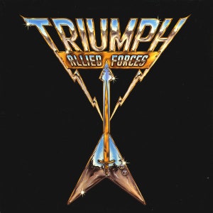 May include: Album cover art for Triumph's "Allied Forces" album. The design features the band's name in a gold, stylized font above the album title. A gold guitar with lightning bolts and a blue sky background is in the center, all on a black background.