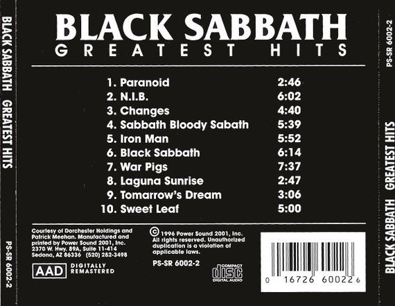 Black Sabbath Greatest Hits CD Featuring Paranoid,sabbath Bloody