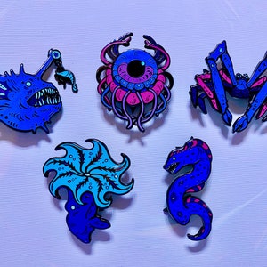 Spooky Sea Creature Enamel Pins, Glow in the dark pins