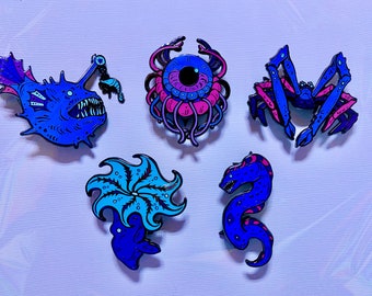 Spooky Sea Creature Enamel Pins, Glow in the dark pins