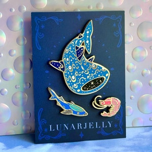 Whale Shark enamel pin set, with shrimp and remora accent pins