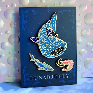 Whale Shark enamel pin set, with shrimp and remora accent pins