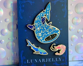 Whale Shark enamel pin set, with shrimp and remora accent pins