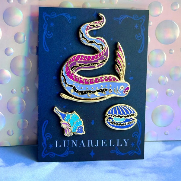Oarfish enamel pin set, with horse snail and scallop accent pins