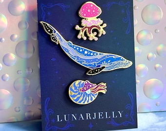 Blue Whale enamel pin set, with nautilus and spotted jellyfish accent pins