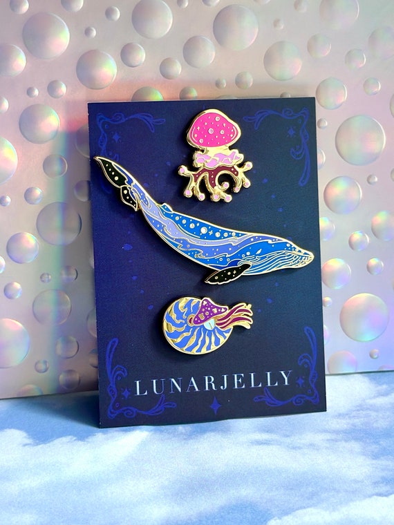 Blue Whale enamel pin set, with nautilus and spotted jellyfish accent pins