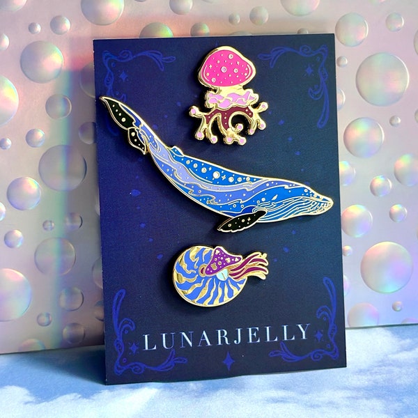 Blue Whale enamel pin set, with nautilus and spotted jellyfish accent pins