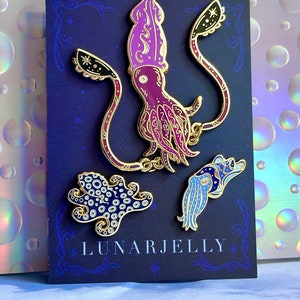 Colossal Squid enamel pin set, with blue ringed octopus and cuttlefish mini pins