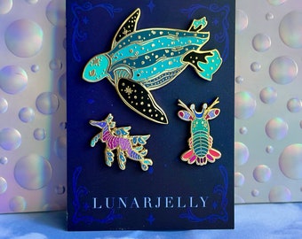 Leatherback Sea Turtle Enamel Pin Set with Sea Dragon & Mantis Shrimp