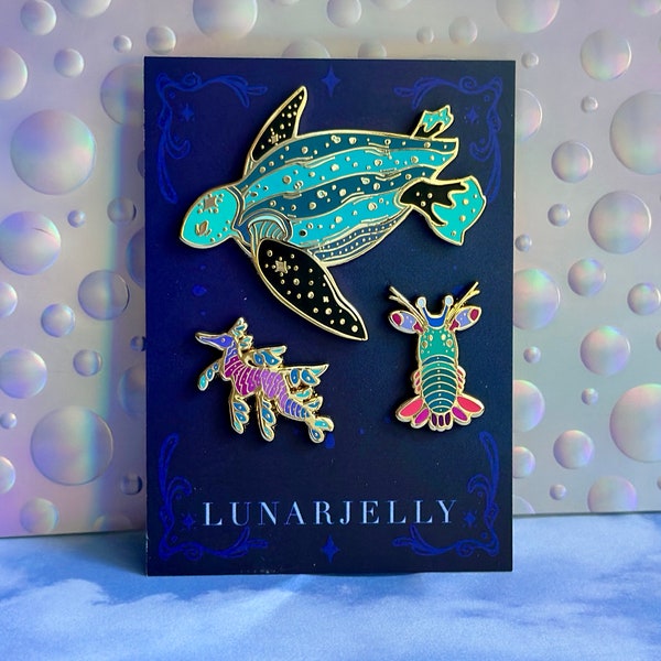 Leatherback Sea Turtle enamel pin set, with sea dragon and mantis shrimp accent pins