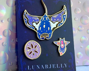 Manta Ray enamel pin set, with sea bunny and sand dollar accent pins