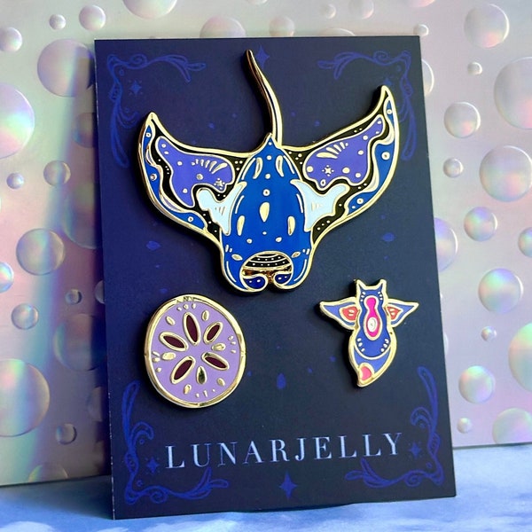 Manta Ray enamel pin set, with sea bunny and sand dollar accent pins