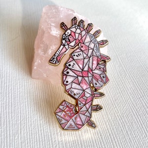 Rose Quartz Seahorse Enamel Pin, Crystal Sea Creature cute sea horse pin