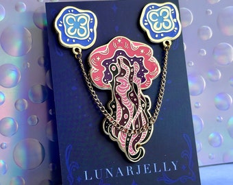 Lionsmane Jellyfish enamel pin set, with accent moon jellyfish collar pins