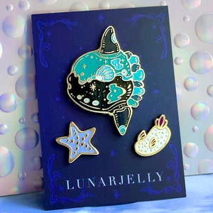 Sunfish enamel pin set, with sea bunny and star fish mini accent pins