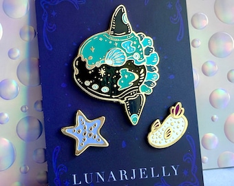 Sunfish enamel pin set, with sea bunny and star fish mini accent pins