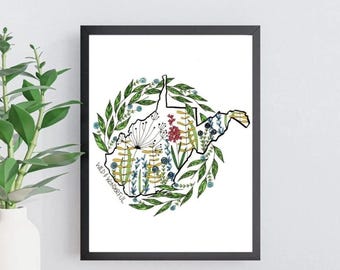 WV Floral Art Print: West Virginia Wildflower Map (8x10)
