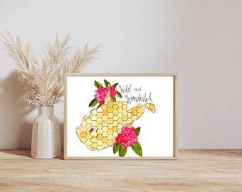 WV Honey Bee Watercolor state - 8x10 Fine Art Print