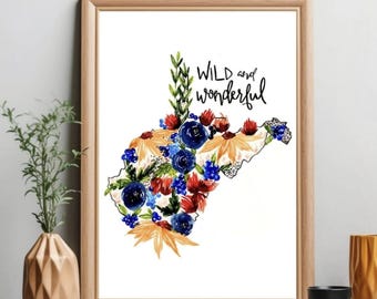 West Virginia Floral Art Print, Colorful State Map (8x10)