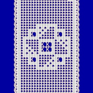 May include: A white, rectangular, crocheted doily with a repeating geometric pattern and a scalloped edge. The design features openwork squares and stylized floral motifs, set against a deep blue background.