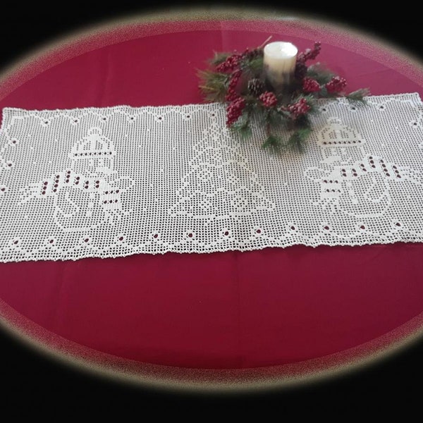 Winter Wonderland Thread Filet Crochet Table Runner Pattern and Charts, Snowman, Christmas Tree, Instant PDF Pattern Download, Holiday Decor