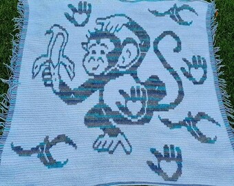 LovePrints Adorable Monkey Blanket Overlay Mosaic Crochet Pattern & Charts, Bananas, Afghan, Digital Download PDF, and/or Excel Charts, Easy