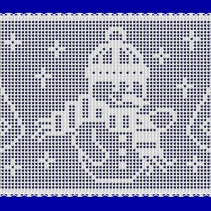May include: White, rectangular, crocheted doily with a detailed pattern featuring a central design resembling a building or structure. The doily has a scalloped edge and is set against a blue background.