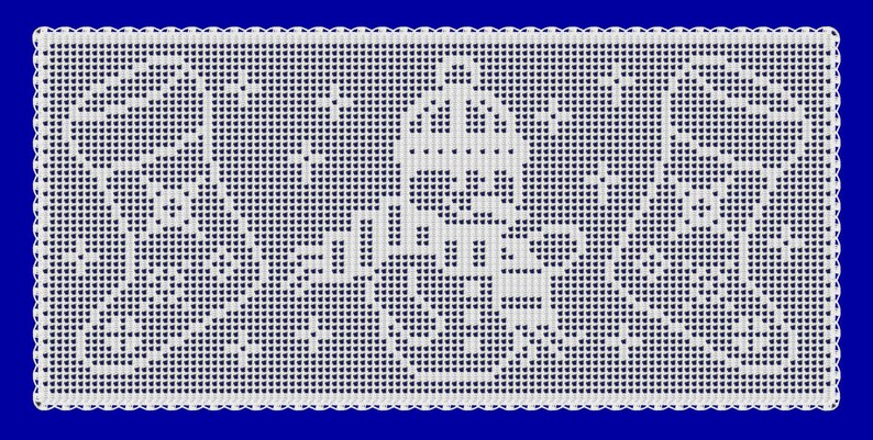 May include: White, rectangular, crocheted doily with a detailed pattern featuring a central design resembling a building or structure. The doily has a scalloped edge and is set against a blue background.