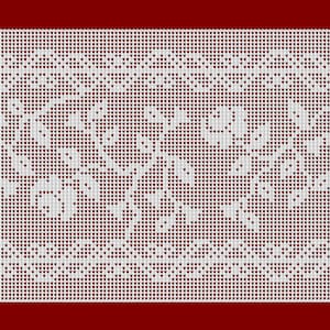 May include: White crocheted lace table runner with a floral design. The lace is delicate and intricate, with a repeating pattern of flowers and leaves.