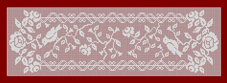 Rose & Birds Table Runner or Curtain, Filet Crochet, Pattern and Charts, Instructions, housewarming gift, gift for crocheter, heartwarming image 1