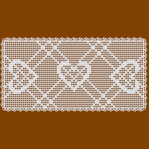 May include: White crocheted doily with a delicate floral pattern. The doily is rectangular and has a scalloped edge.