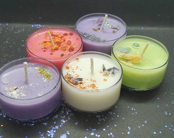 TEA LIGHTS. Sample pack .Soy candle. Herbs crystals and glitter. Ready to ship