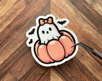 Cute Ghost Bats Pumpkin Sticker | Halloween Sticker | Spooky Aesthetic Vinyl Decal | Pink Ghost, Boo, Pumpkin, Witchy Stickers for Laptop
