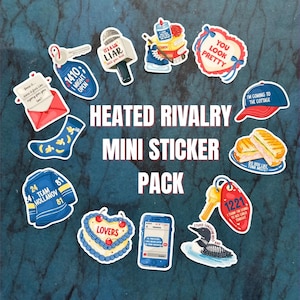 May include: A collection of mini stickers featuring various illustrations including a microphone, a heart-shaped cake, a hockey jersey with the number 81, a blue sock with yellow bananas, a red envelope, a blue baseball cap, and a loon bird.