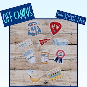 May include: A collection of nine stickers featuring various designs including a hockey jersey with number 44, a red guitar pick with H.W., a Briar ticket, an Off Campus pennant, a wristband, a coffee cup, a pill bottle, a ribbon, a banana, and a cassette.