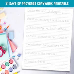 31 Days Proverbs Copywork Printable for Kids Handwriting Practice (PDF)
