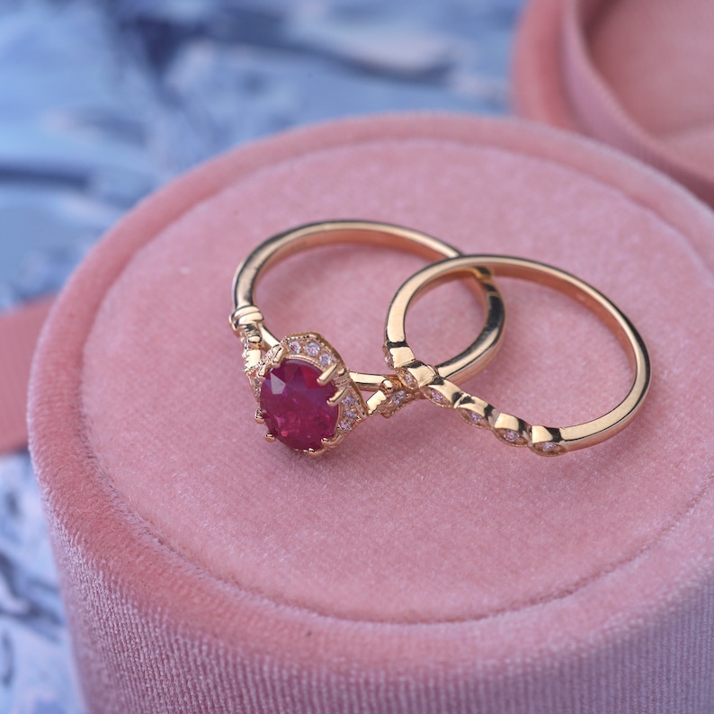 Natural Red Ruby Engagement Ring Set With Matching Band 14k Yellow Gold ...