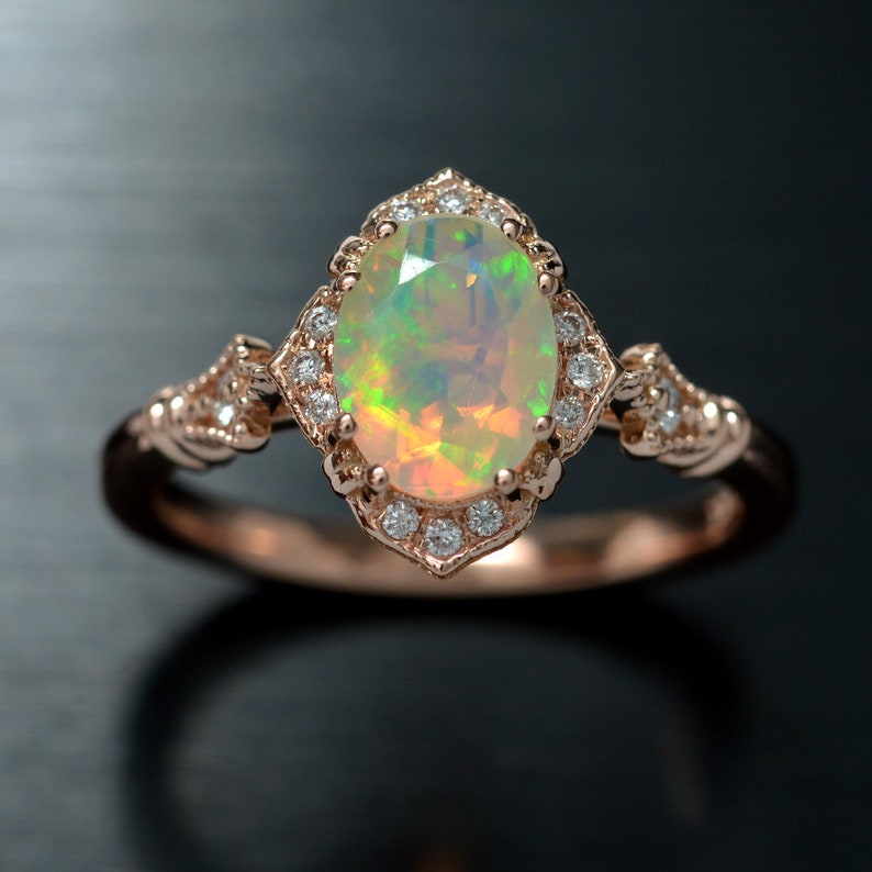 Natural Opal Engagement Ring Halo Rose Gold Vintage Inspired | Etsy
