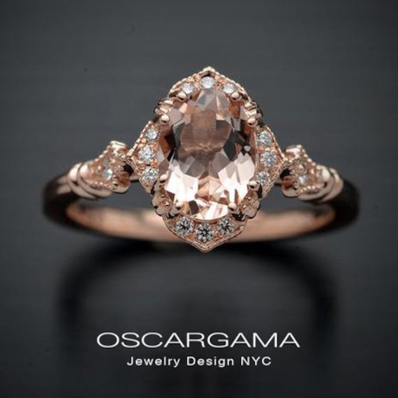 10K Rose Gold Morganite & Diamond 3 Stone Engagement Ring - Swirl Halo Bridal Ring Size 7 - View #8